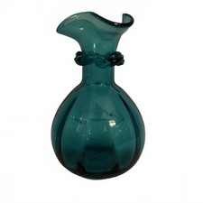 Teal Handblown Glass Vase with Decorative Neck