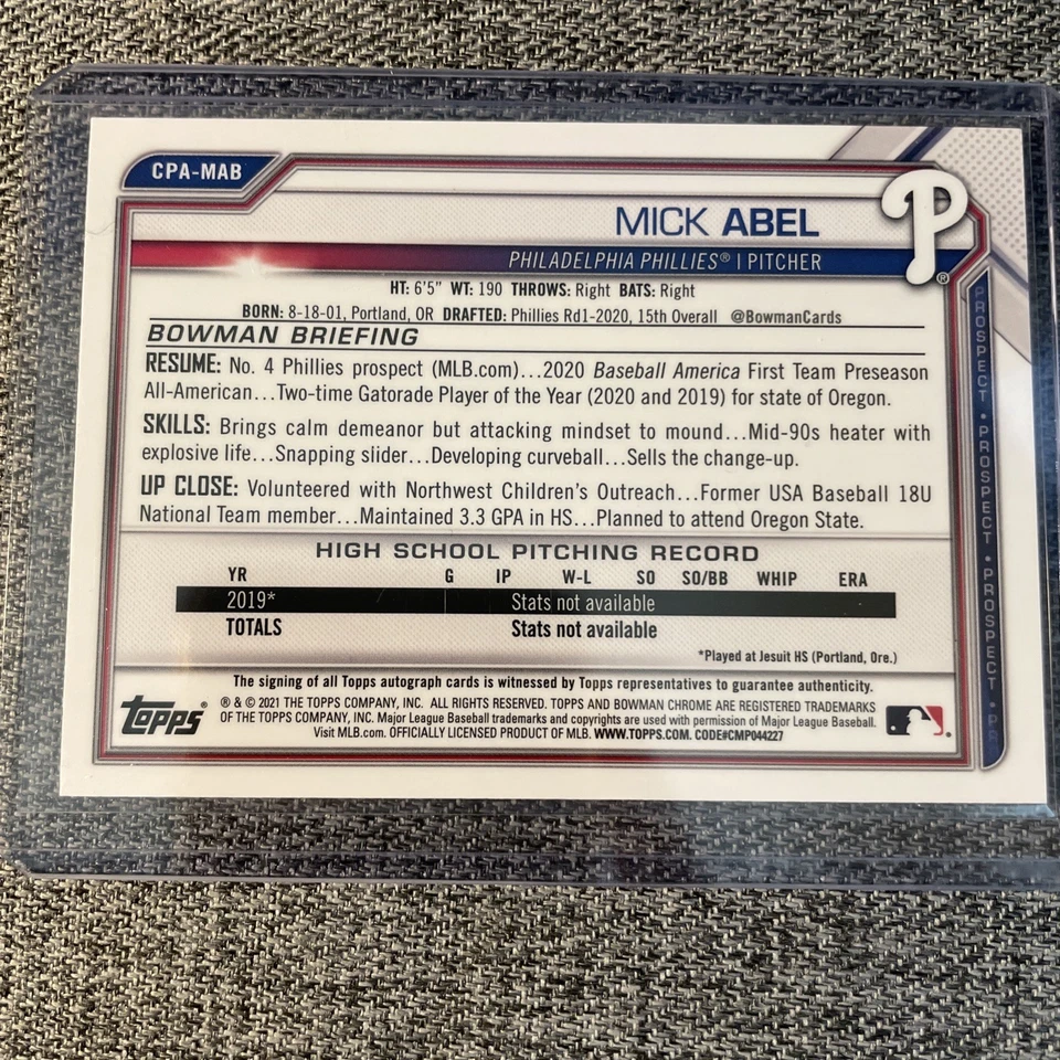 2021 Bowman Chrome Sapphire Prospect Autographs Mick Abel 1ST ROOKIE AUTO - Image 2 of 2
