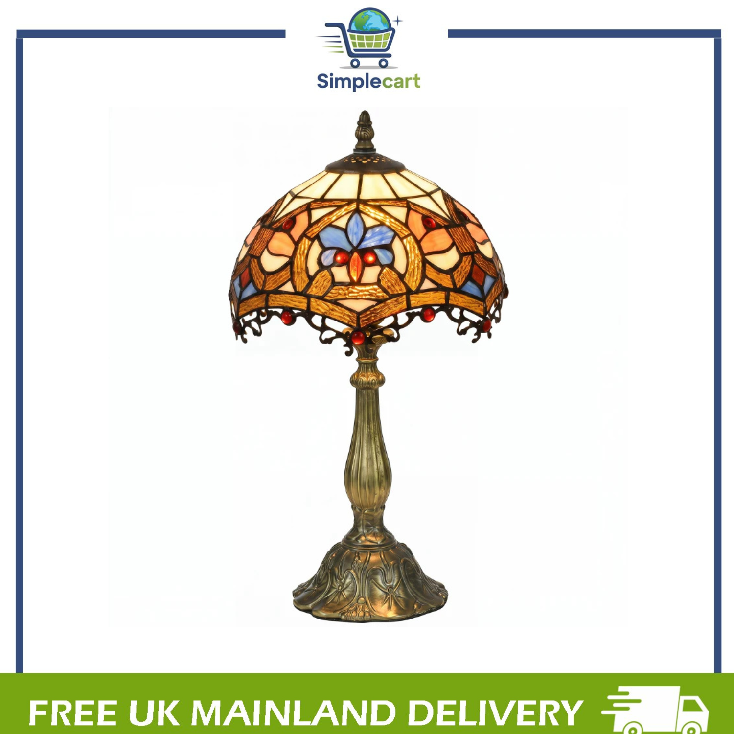 Homcom Blue Stained Glass Bedroom Table Lamp, Handcrafted Artisan Collectible, Bedside Light, Multi-Coloured, Zinc Alloy | Aosom Uk - Image 3