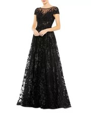 New Mac Duggal Embroidered A-Line Tulle Short Sleeve Gown In Black Size 18 $798