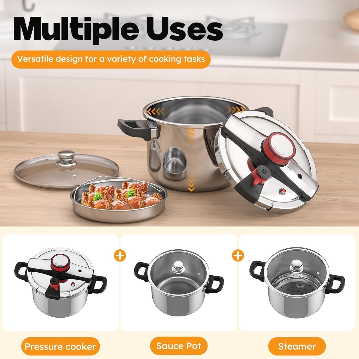 304 Stainless Steel Pressure Cooker 8QT Induction Gas Top with 2 Lids Steam Rack