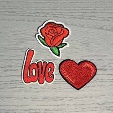 Valentine's Pack: Lot Of 3 Red Iron-On Embroidery Patches Heart Love Rose