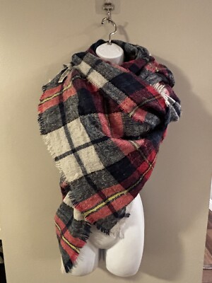 Old Navy Womens Plaid Blanket Scarf Wrap Blue Pink Oversized