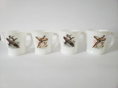 4 Vtg Fire King Milk Glass Mugs PHEASANT Ring Necked Canada GOOSE Game Birds Set