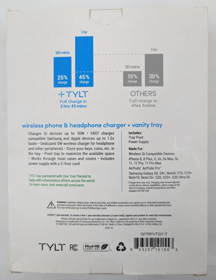 Cargador inalámbrico para teléfono y auriculares TYLT QITRPVTGY-T bandeja pivotante y bandeja de tocador NUEVO Foto 4 de 4