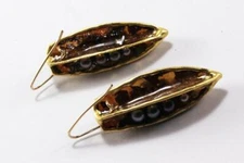 KEITH LEWIS LARGE 18K GOLD FILLED WIRE w/ MICA & BLACK PEARL PEA PODS EARRINGS