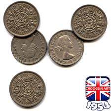 Set (x5) BRITISH 1954 ELIZABETH II FLORIN - TWO SHILLINGS COINS, 72 Years Old!
