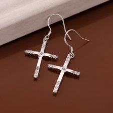Womens 925 Sterling Silver CZ Crystal Cross Drop Dangle Fashion Earrings #E345