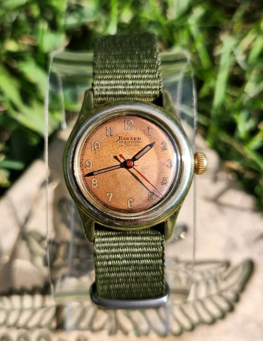 Vtg 1950s Banner Precision Military Copper Dial Men's 29mm Watch