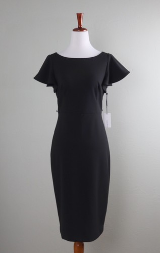 CALVIN KLEIN NWT $109 Solid Black Crepe Stretch Ruffle Sheath Dress Size 6