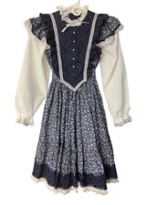 Vtg Mini World Calico Prairie Dress Girls Size 12 Floral Ruffled Cottagecore USA