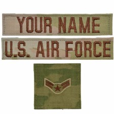 3 Piece Custom Air Force Name Tape  Rank Set w/ Hook Fastener Backing - 3-Color