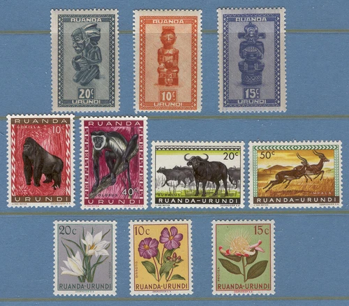 Colonies A86 Ruanda Urundi 10v MNH 1948-1959 Art Sculpture Animals Flowers