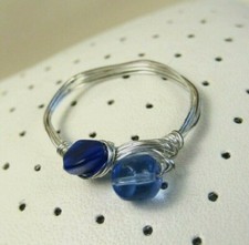 Handmade Bohemian Boho Hippie Dark Blue Glass Beaded Sterling Silver Wire Ring