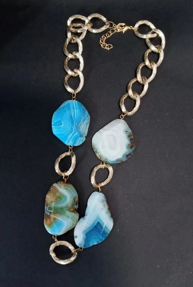 Collar Grueso Piedra Ágata Azul Tono Dorado Declaración 20" - 22" Foto 2 de 4