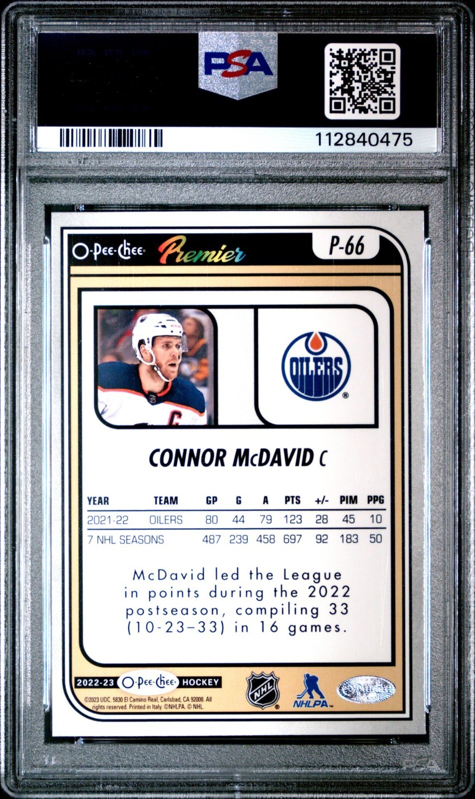 2022-23 OPC O-Pee-Chee Connor McDavid #P-66 Premier Rainbow Foil /99 PSA 9 view 2