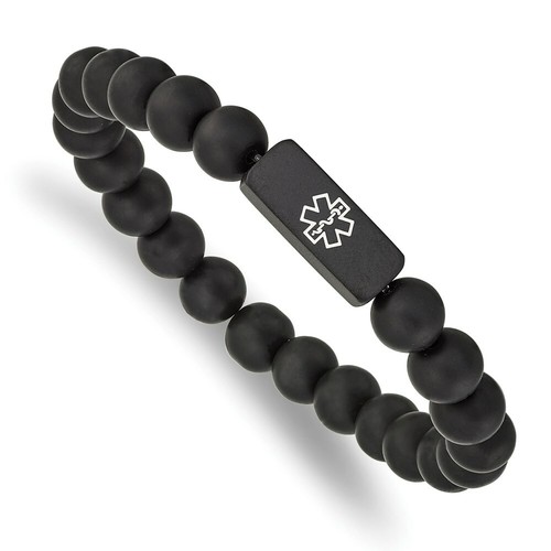 Edelstahl gebürstet schwarz plattiert medizinische ID schwarz Achat Stretch Armband - Bild 1 von 3