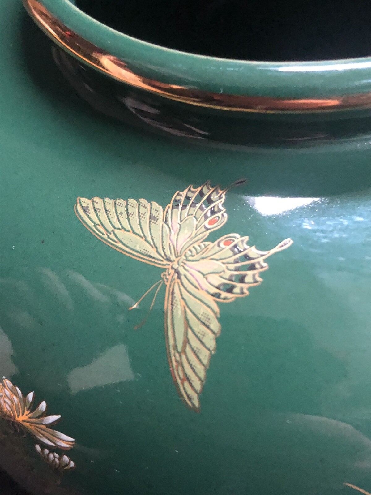 Vintage Toyo Jade Kiku Green Round Vase w/ Flowers Butterflies Gold