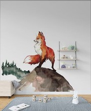 Watercolor fox decal, rustic mountain wall decor, teen room decor, nature decal