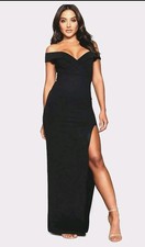 boohoo off shoulder maxi dress UK 12 womens thigh slit Black evening party