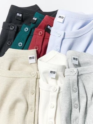 UNIQLO Ribbed Henley Neck T-Shirt XS-3XL Long-Sleeve Fitted Women 