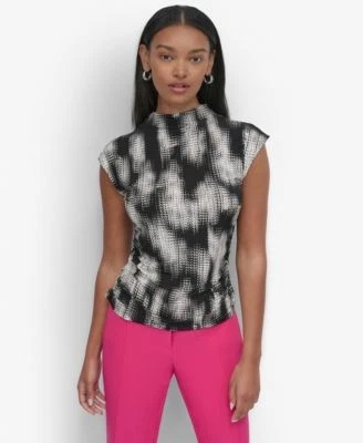 DKNY Womens Funnel-Neck Side-Ruche Blk Combo M 755403007711 M RT $59.0