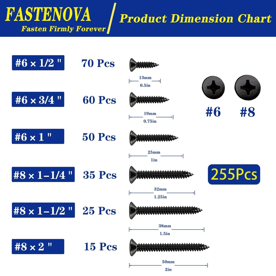 255pcs Black Wood Screws Assortment Kit, 304 Stainless Steel, Self -  - Image 2 of 4