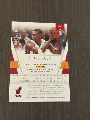 Tarjeta de baloncesto Chris Bosh 2010-11 Panini totalmente certificada/1849 #46 patio - Imagen 2 de 2