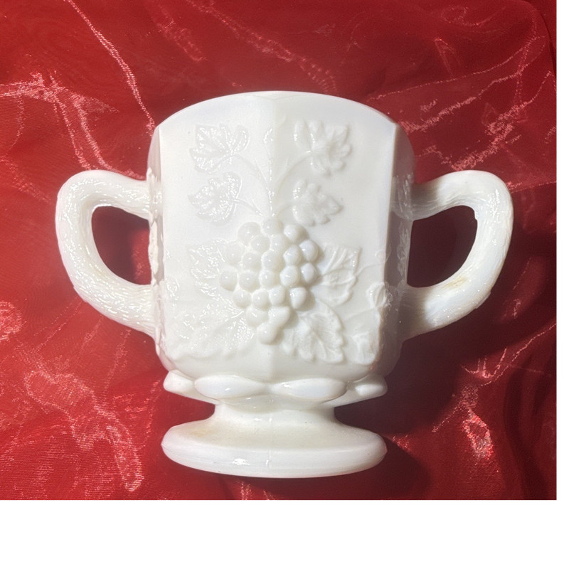 W.  White Glass Grapes Pattern Pedestal Mug w/ Double Handles
