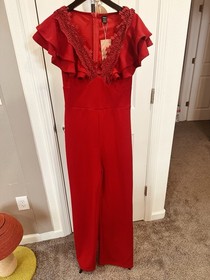 SHEIN Red Ruffle Lace V-Neck Jumpsuit Short Ruffle Sleeve Size M