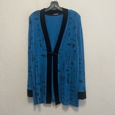 Softwear By Mark Singer Kimono Jacket S Blue Black Asian Print Stretch Slinky 