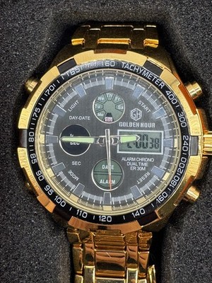 GOLDEN HOUR WATCH MENS GOLD TONE ANALOG DIGITAL TACHYMETER DUAL TIME ALARM 30M