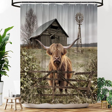 Highland Cow Shower Curtain Rustic Farmhouse Animals Funny Cute Cattle Bull Vint