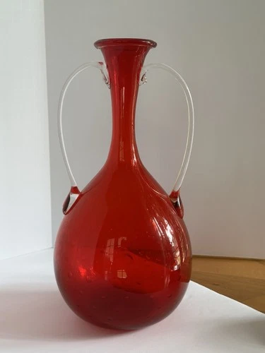Vintage Murano Red Bullicante Glass Vase with Clear Handles. 11”