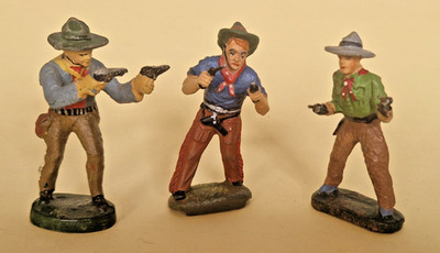 3x Elastolin Wildwest Massefigur 7cm Cowboys Pistolenschützen Top, 30-50er