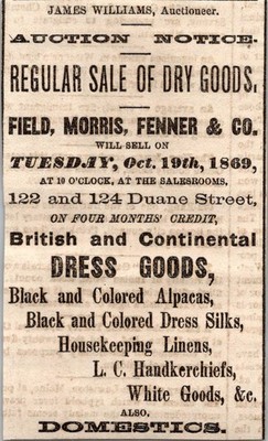Sale Dry Goods Field Morris Fenner & Co James Williams 1869 NY Clipping TAJ7-M10