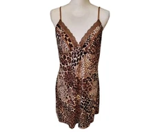 Studio Donatella Leopard Print Chemise Slip Dress Brown Lace Trim Size L