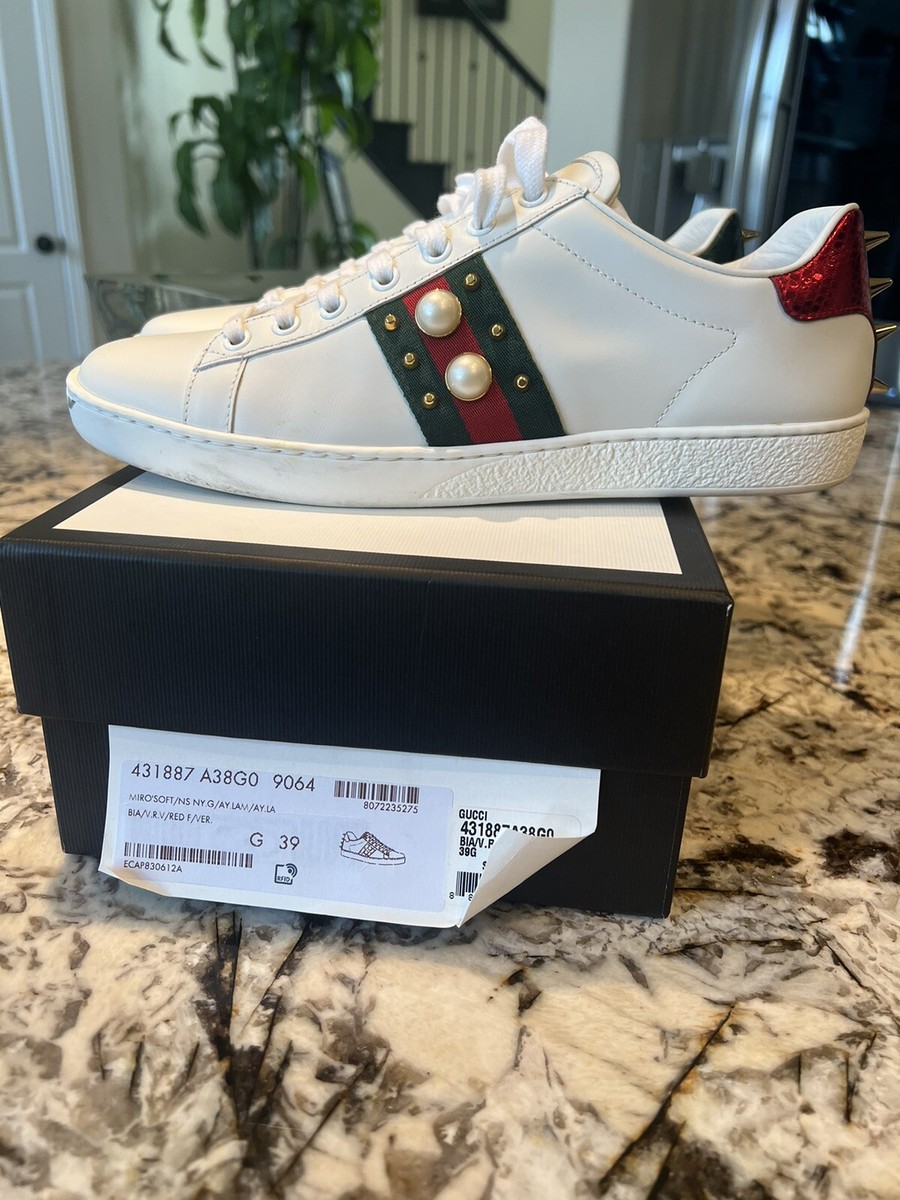 Gucci Ace Low Pearl Studded White Sneakers With Spikes Sz 39