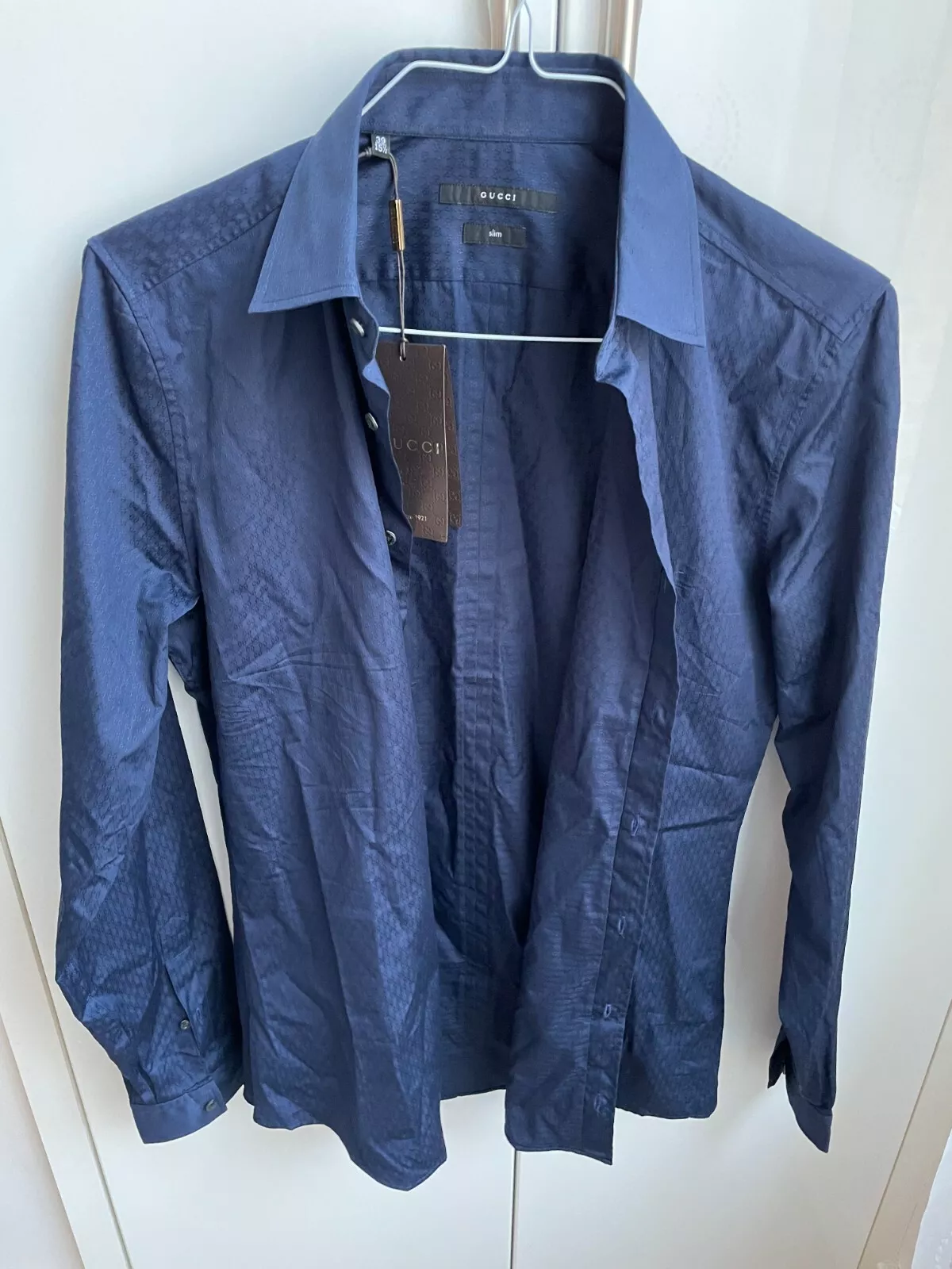 Authentique chemise fine GUCCI bleu marine monogramme logo GG à motifs EU40 UK15,5