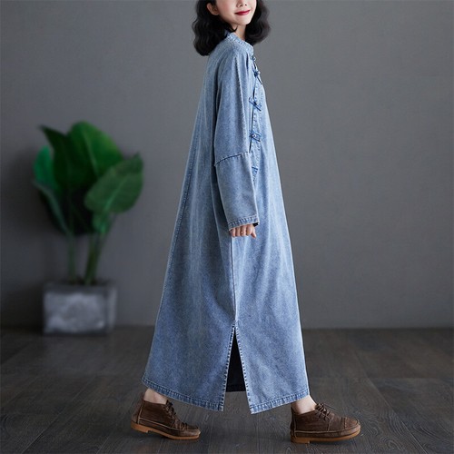 Maxi abito donna oversize denim largo rana bottoni maniche lunghe spacco laterale casual - Foto 6 di 7