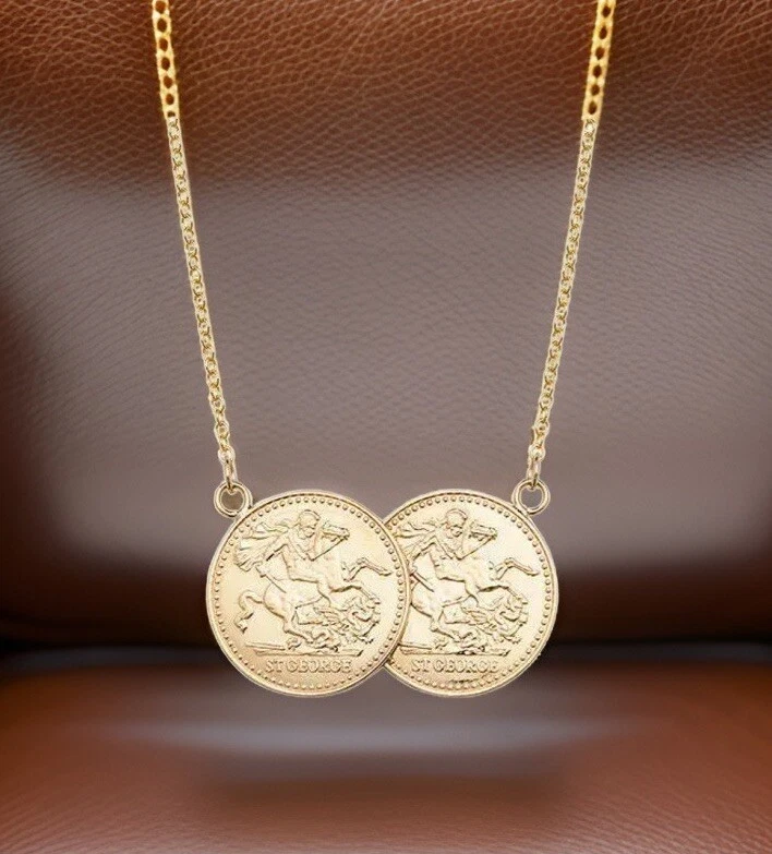 9CT GOLD HALF SOVEREIGN Two Coin NECKLET Necklace Double Coins UK