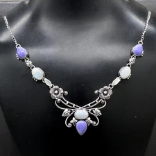 925 Sterling Silver Moonstone & Charoite Gemstone  Jewelry Necklace Size-17-18"