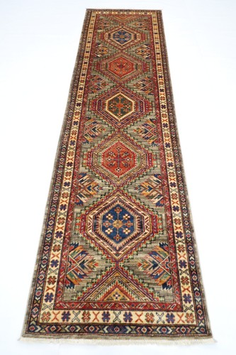 10 ft Hallway Oriental Gray geometric Runner Rug Afghan Hand Knotted Wool Rug - 第 1/10 張圖片