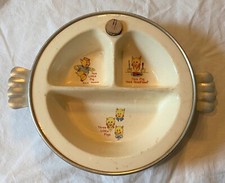 Cute Vtg Excello Metal  Ceramic Divided Baby Feeding Dish Warmer 3 Little Pigs