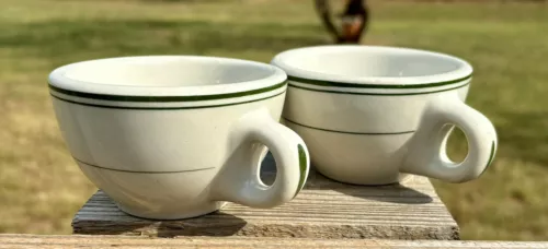 2 Vintage STERLING Restaurant Ware Coffee Mugs White Green Stripe Band