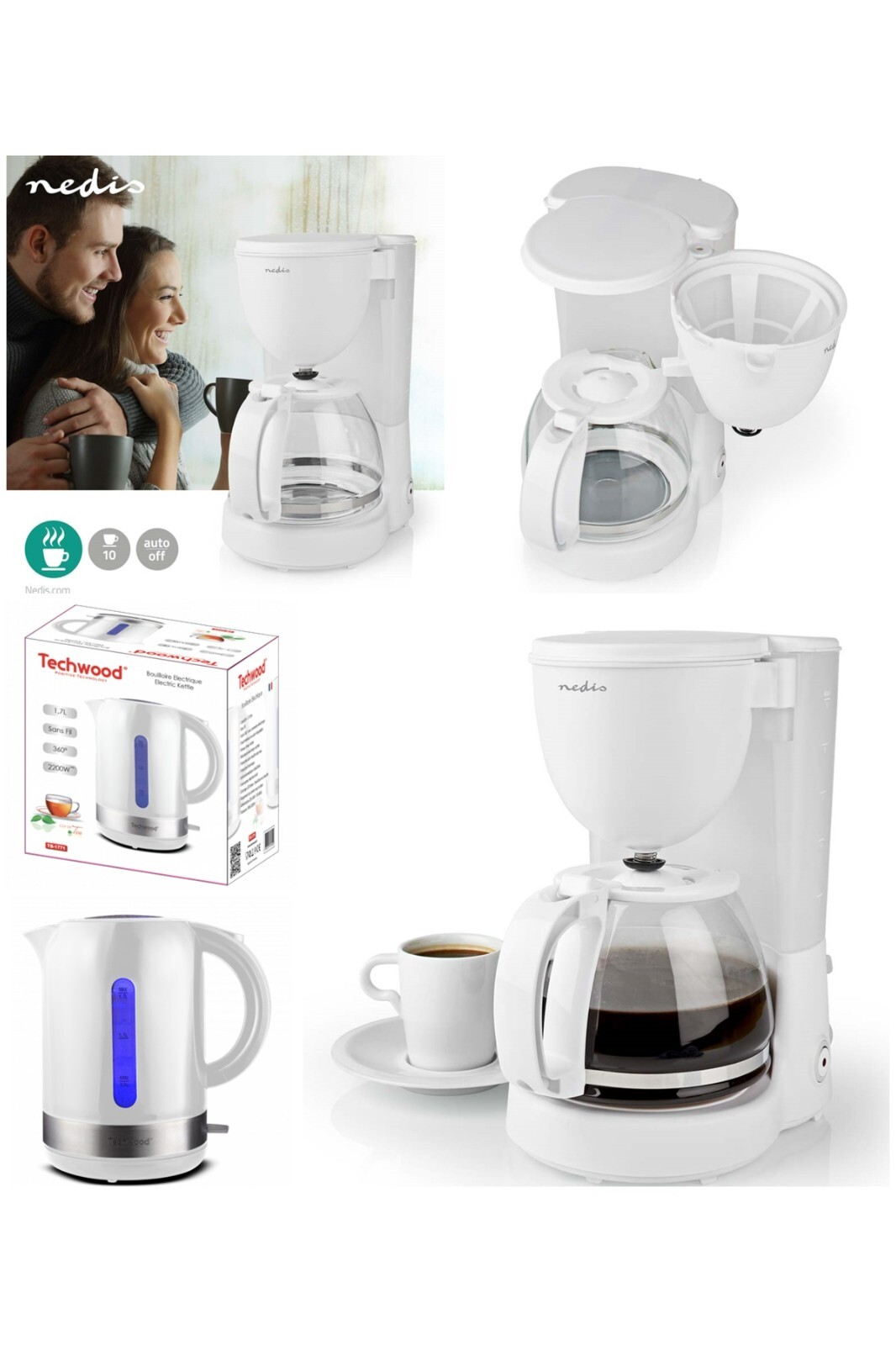 Bouilloire 2200W rapide 1.7L et machine à café avec maintien au chaud automatique