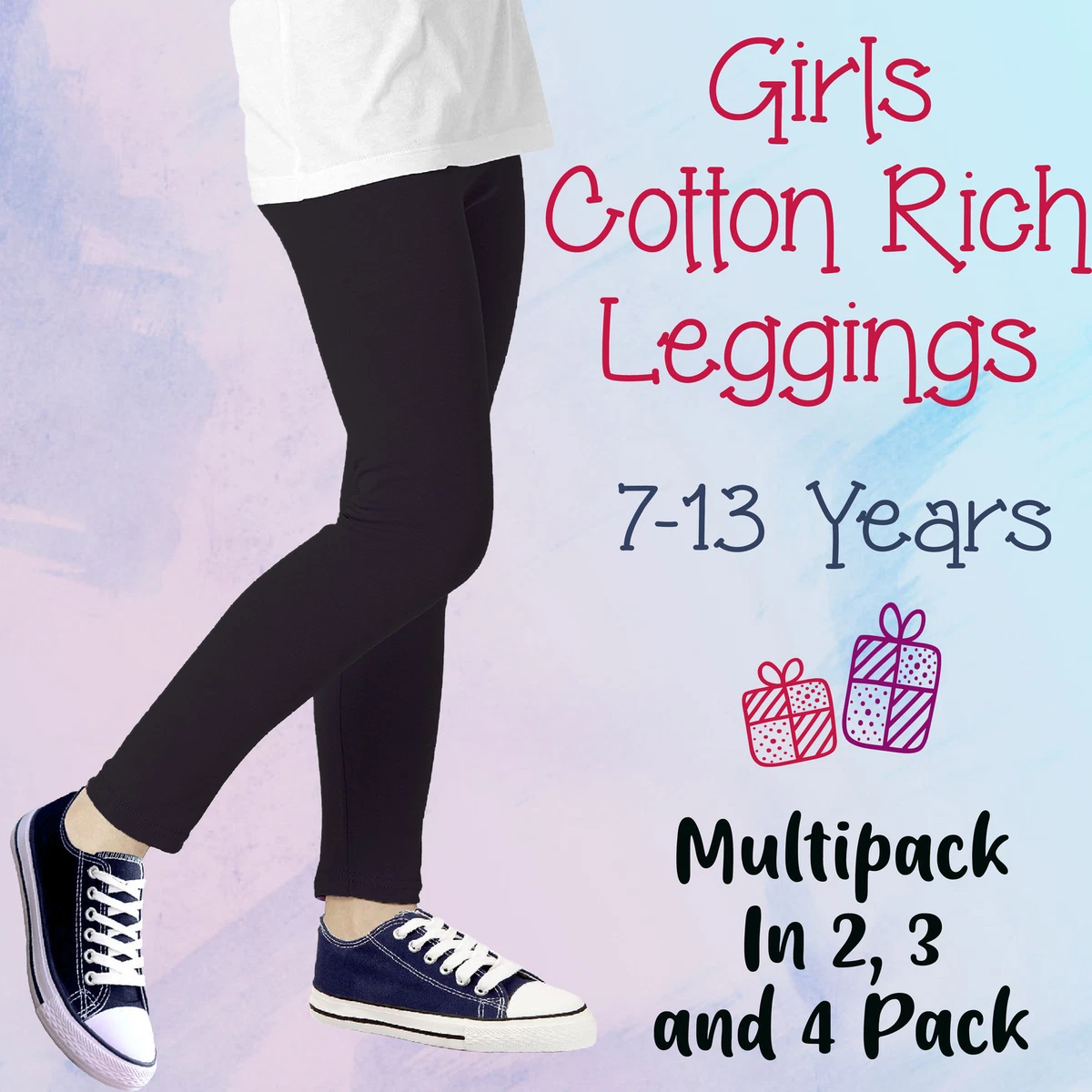 2 3 4 Packs Girls Kids Leggings Everyday Long Pants Black Age 7 8