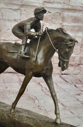 Art Deco Western Art Male Jockey Racing Horse Bronze Sculpture Decoration Gift - Picture 8 of 10