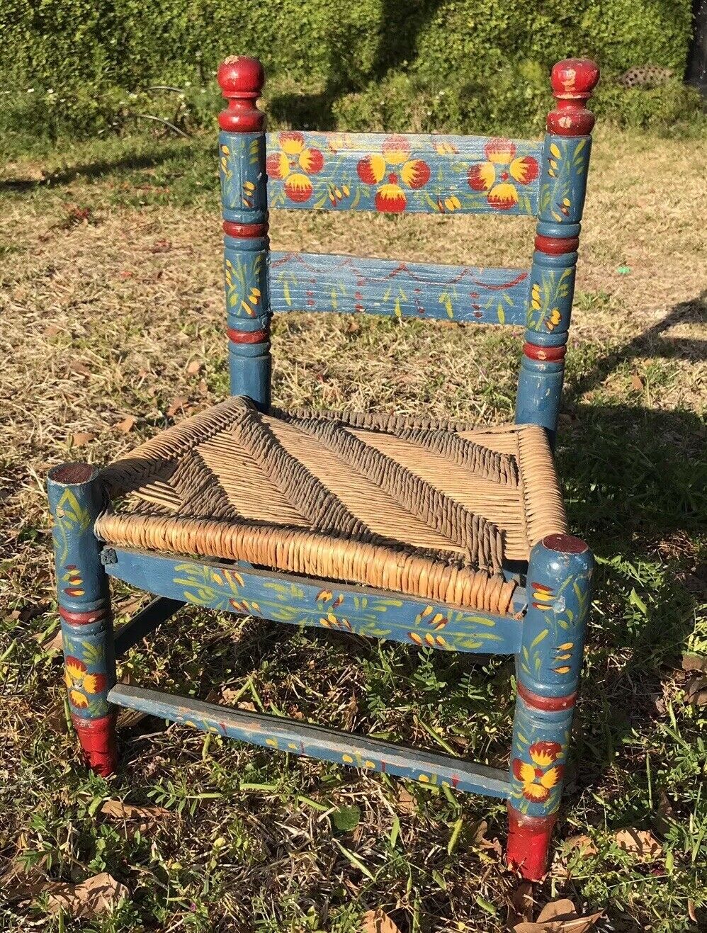 Vintage Childs Chair Rush Seat Hand Painted Floral Blue Made In Mexico 22” Tall