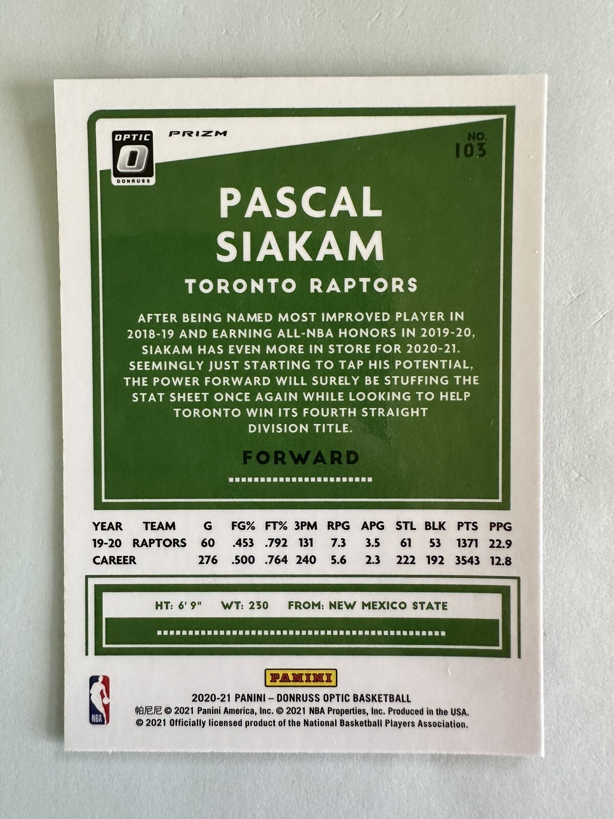 Pascal Siakam 2020-21 Panini Donruss Optic Basketball Purple Shock Prizm #103